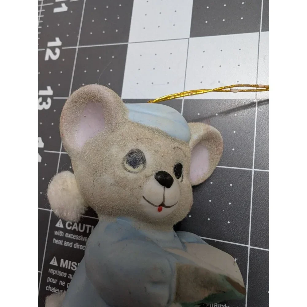 Flocked Christmas Mouse bell ornament Jasco Taiwan‎ 4 inch pajama reading